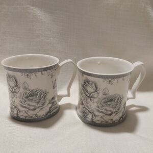 Victorian Trading Co. Gray & White Rose and Butterfly Porcelain Mugs (Set of 2)
